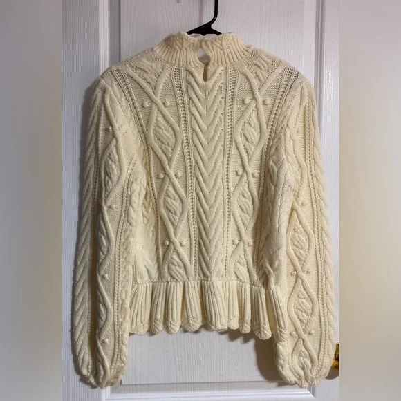 NWOT Zara Wool Blend Peplum Cable Knit Warm High Neck Cream Sweater Size Medium - Picture 10 of 13